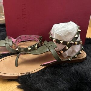 Valentino Olive Green Leather Rockstud Wrap Sandals with Pink Lining